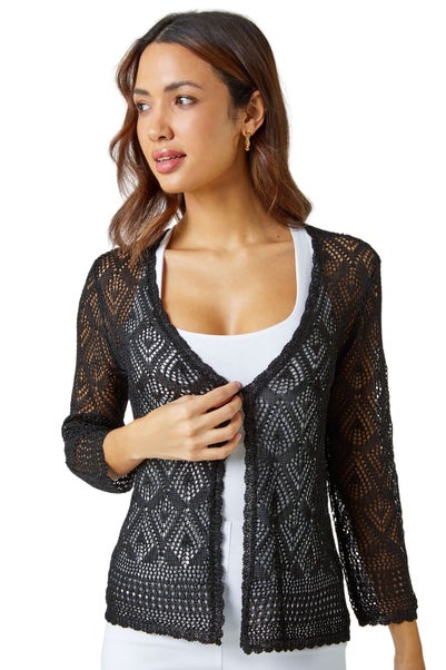 Roman Black Knitted Crochet Shimmer Shrug