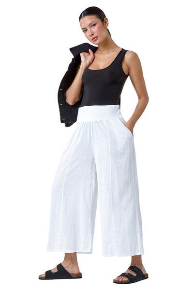 Roman White Linen Blend Stretch Waist Culottes