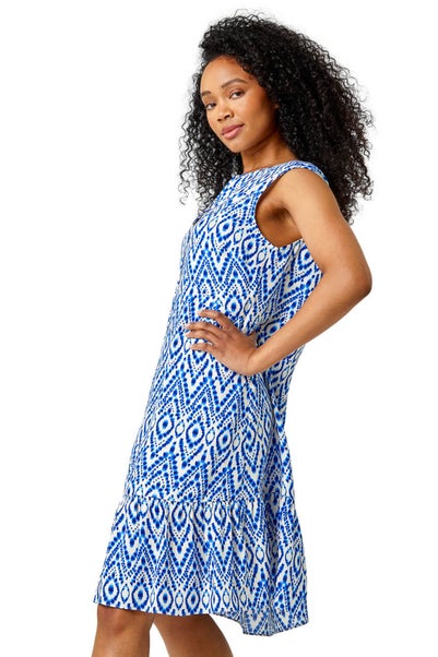 Roman Petite Blue Petite Aztec Print Frill Hem Shift Dress