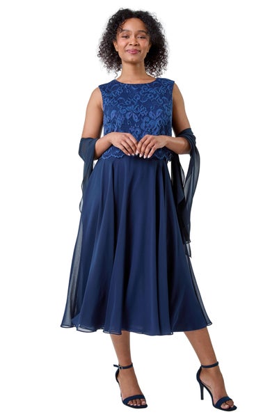 Roman Petite Navy Lace Overlay Midi Dress