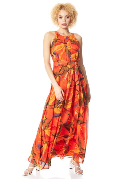 Roman Orange Floral Print Tie Waist Chiffon Maxi Dress