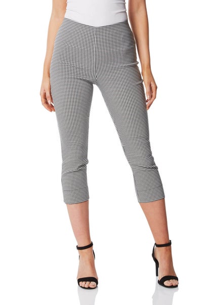 Roman Black Gingham Elastic Waist Stretch Cropped Trouser