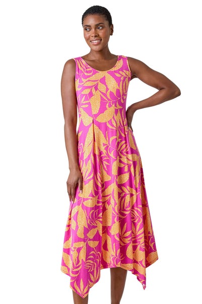 Roman Fuchsia Tropical Print Pleated Maxi Stretch Dress