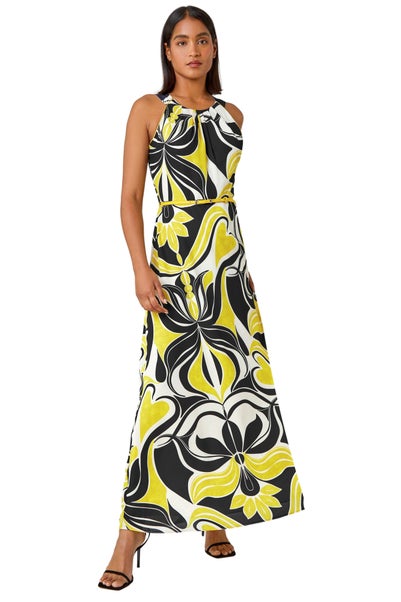 Roman Lime Abstract Print Halter Neck Maxi Dress