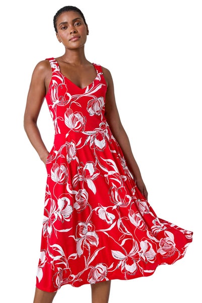 Roman Red Textured Floral Print Midi Stretch Dress