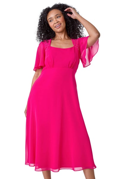 Roman Petite Pink Shimmer Pleated Chiffon Midi Dress