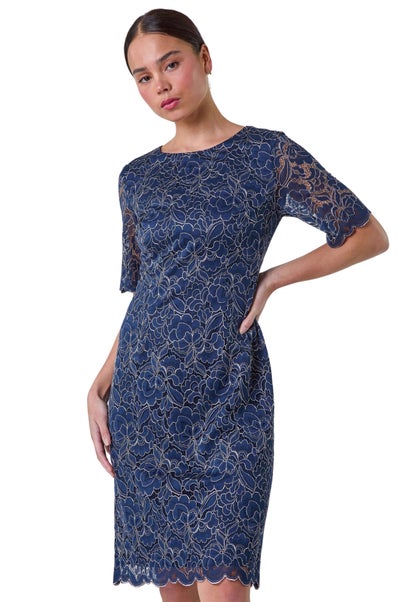 Roman Petite Navy Lace Overlay Shift Dress