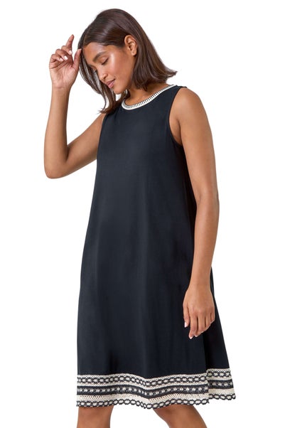 Roman Black Embroidered Trim Stretch Jersey Shift Dress