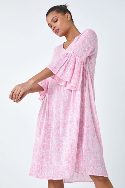 Roman Pink Leaf Print Shimmer Smock Dress