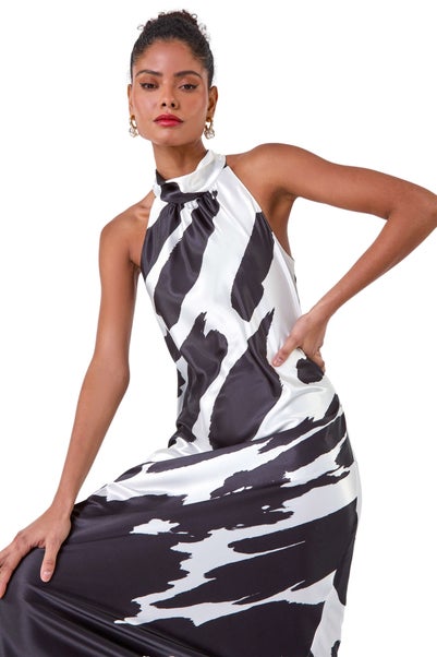 Roman Dusk Black Satin Abstract Print Halterneck Dress