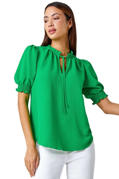 Roman Green Frill Neck Plain Tie Detail Top