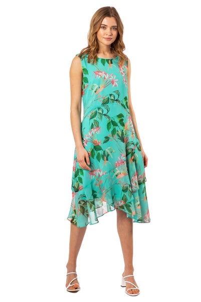 Roman Turquoise Tropical Print Chiffon Dress