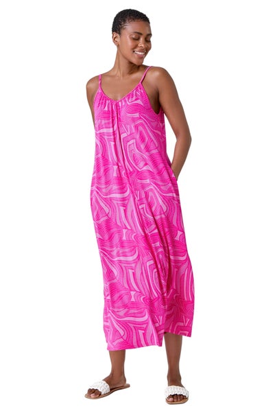 Roman Fuchsia Abstract Stretch Jersey Pocket Midi Dress