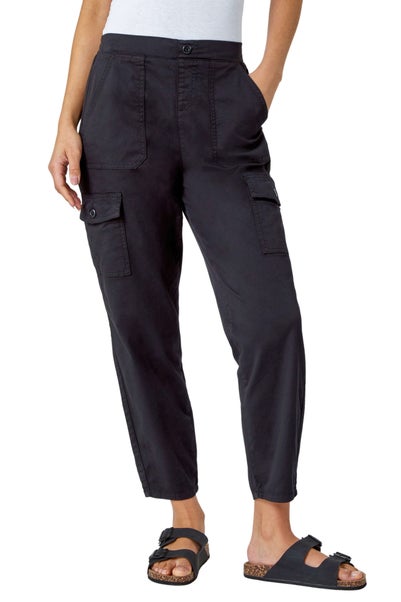 Roman Black Casual Elastic Waist Cargo Stretch Trousers