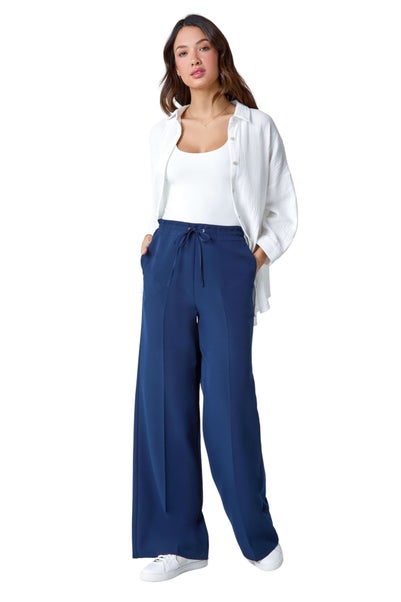 Roman Navy Wide Leg Elastic Waist Tie Front Trouser