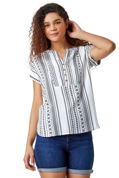 Roman Black Aztec Print Button V-Neck Detail Top