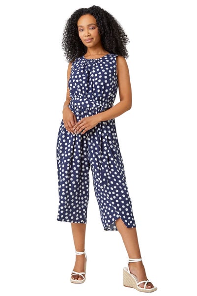 Roman Petite Navy Petite Polka Dot Cropped Jumpsuit