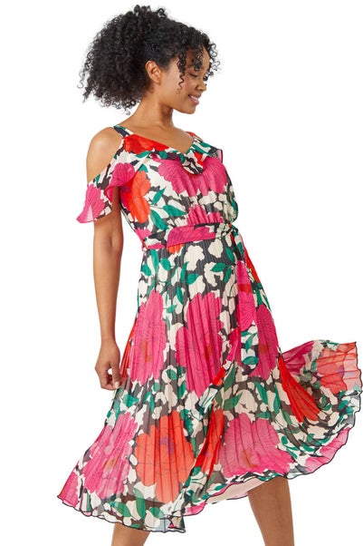 Roman Petite Pink Petite Floral Cold Shoulder Chiffon Midi Dress