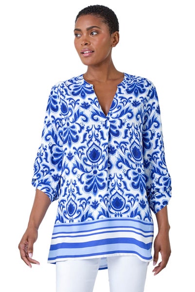 Roman Blue Ornate Border Print Pleated V-Neck Top