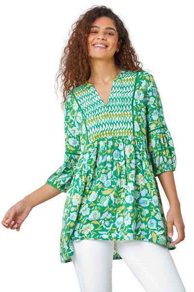 Roman Green Cotton Abstract Floral V-Neck Ladder Trim Top