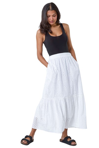 Roman White Cotton Broderie Pocket A Line Midi Skirt