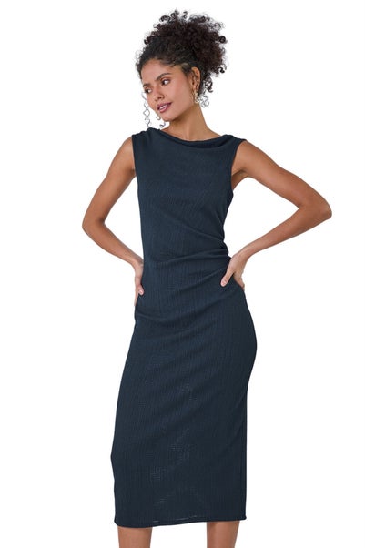 Roman Dusk Navy Ruched Cowl Neck Midi Dress