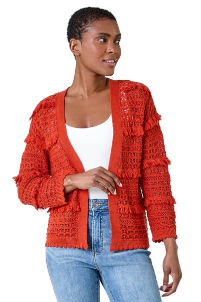 Roman Rust Fringe Detail Scalloped Cotton Blend Cardigan