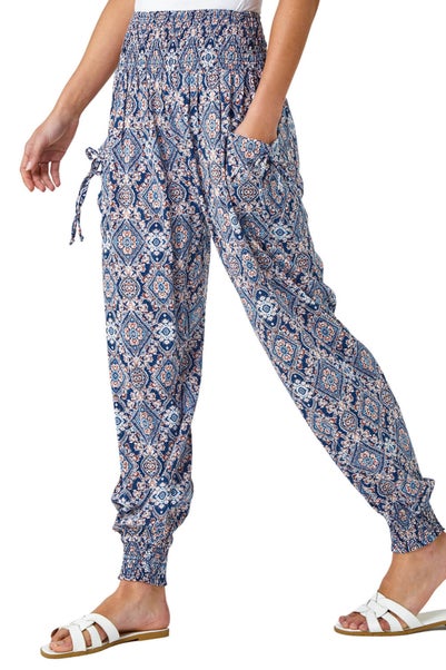 Roman Navy Paisley Shirred Elastic Waist Hareem Trousers