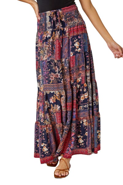 Roman Red Boho Floral Shirred Waist Maxi Skirt