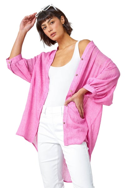 Roman Pink Plain Oversized Cotton Blend Shirt