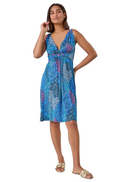 Roman Blue Abstract Floral Stretch Jersey Dress