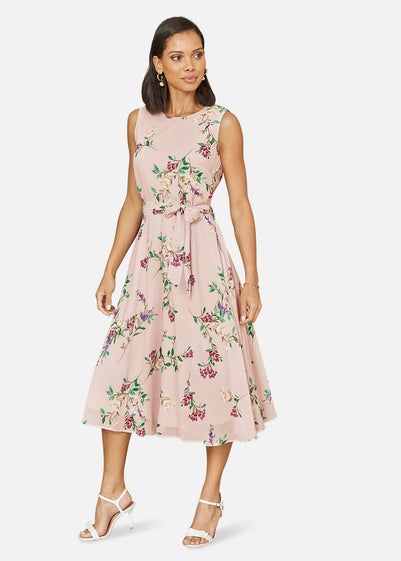 Yumi Blush Floral Print Midi Skater Dress