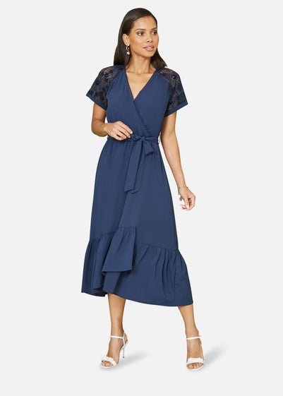 Yumi Navy Lace Sleeve Midi Wrap Over Dress