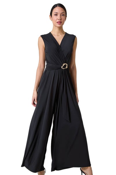 Roman Black Metallic Belt Draped Stretch Jumpsuit