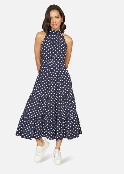 Yumi Navy Spot Print Halter Midi Dress With Matching Belt