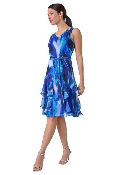 Roman Blue Abstract Print Frill Detail Dress