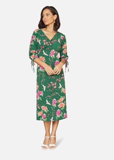 Yumi Green Recycled Crane Print Kimono Midi Dress