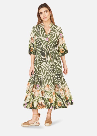 Yumi Green Viscose Zebra And Floral Print Midi Dress