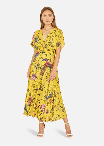 Yumi Yellow Viscose Bird And Floral Print Ruched Waist Midi Dress