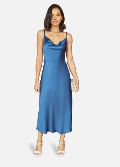 Yumi Navy Satin Cowl Neck Midi Dress