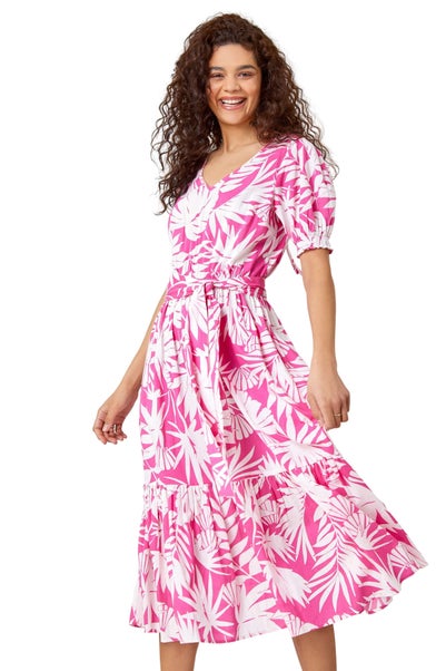 Roman Fuchsia Cotton Floral Print Tiered Midi Dress