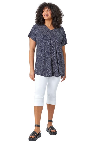 Roman Curve Navy Ditsy Spot Print V-Neck Stretch Top