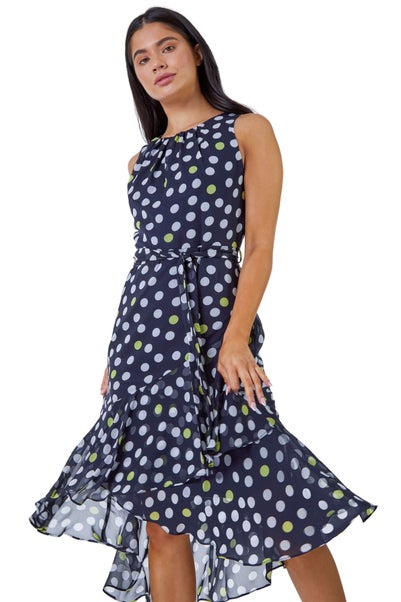 Roman Petite Navy Petite Spot Print Frill Trim Dress