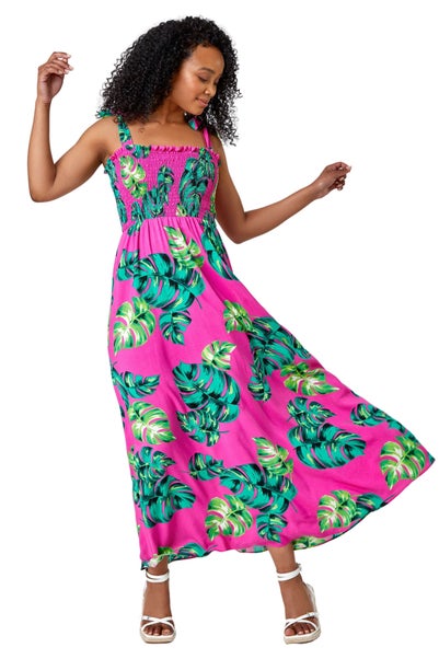 Roman Petite Pink Petite Tropical Print Shirred Maxi Dress