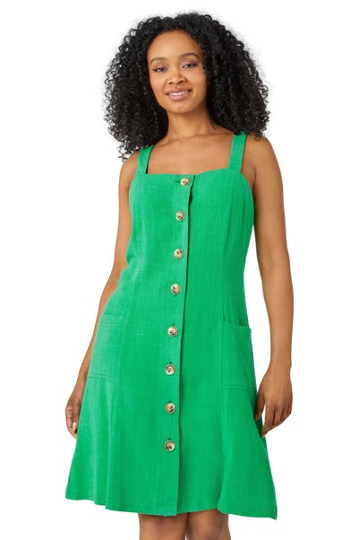 Roman Petite Green Petite Button Front Pocket Dress