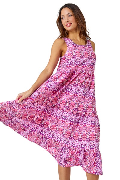 Roman Pink Sleeveless Aztec Print Smock Midi Dress