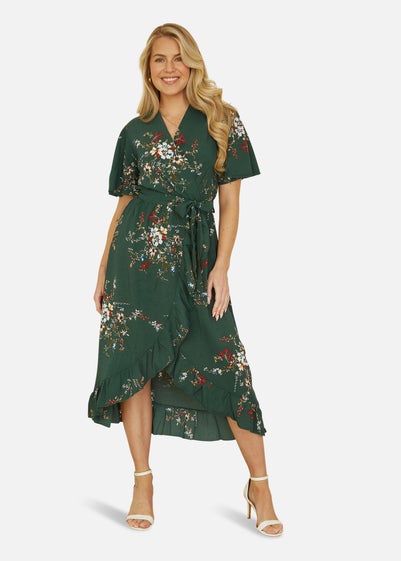 Mela Green Floral Dip Hem Wrap Midi Dress