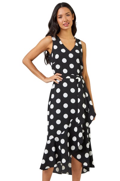 Roman Black Spot Print Frill Hem Wrap Midi Dress