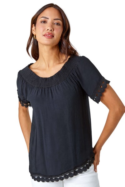 Roman Black Lace Detail Shirred Bardot Top