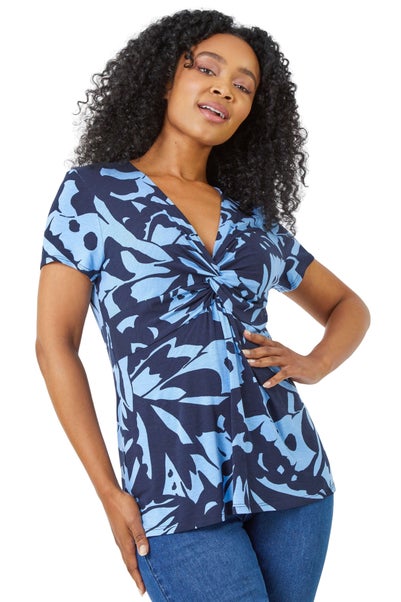 Roman Petite Blue Petite V-Neck Twist Front Abstract Top